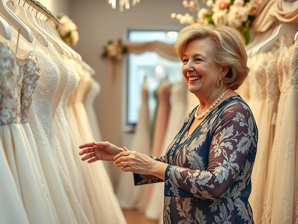 Une femme souriante choisit une robe dans une boutique de mariage, entourée de magnifiques robes blanches.