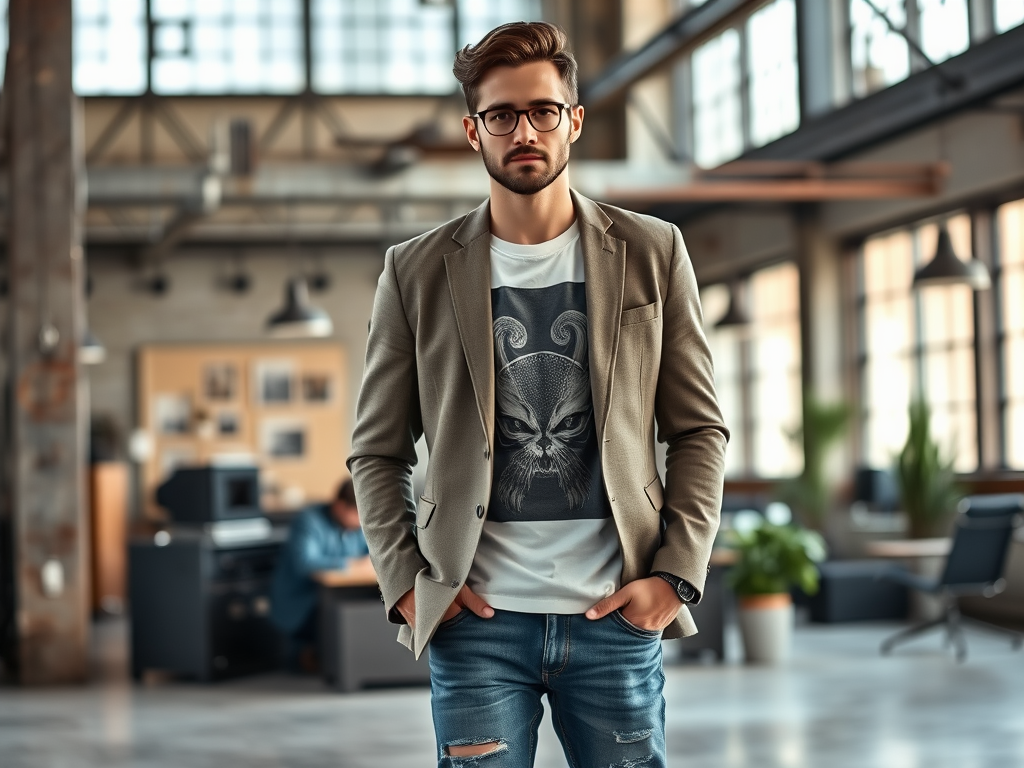 Un homme vêtu d'un blazer et d'un t-shirt dans un bureau moderne, avec un décor industriel.