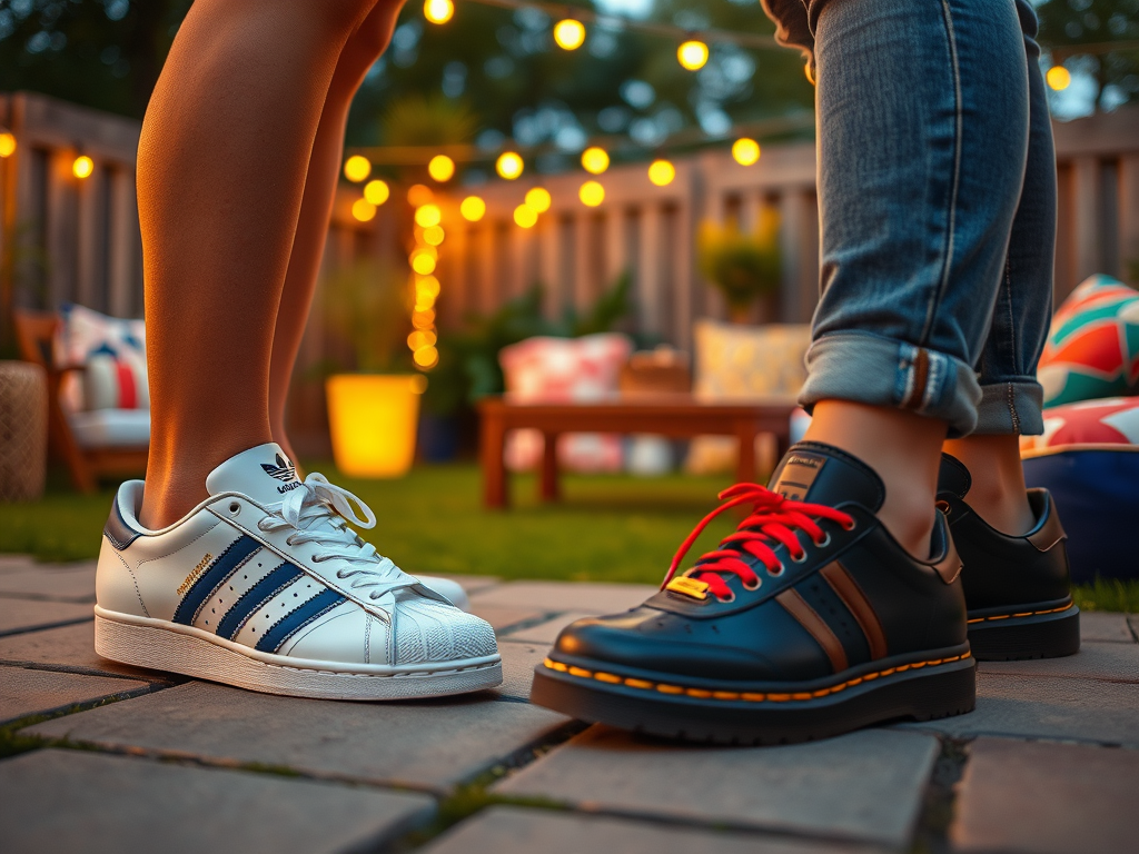 Deux paires de baskets se rencontrent dans un jardin, illuminé par des guirlandes lumineuses en arrière-plan.