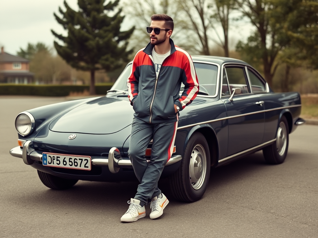 Un homme en tenue de sport pose près d'une voiture vintage bleue sur une route déserte.