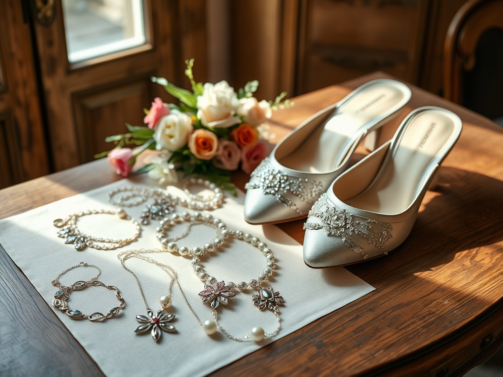 Une paire de chaussures élégantes, des bijoux raffinés et un bouquet de fleurs élégantes sur une table en bois.