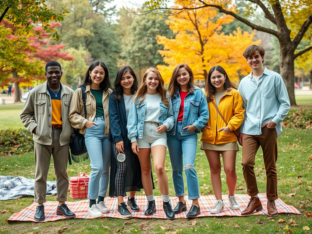 Un groupe de jeunes souriant se tient sur une couverture, entouré d'arbres aux couleurs d'automne.