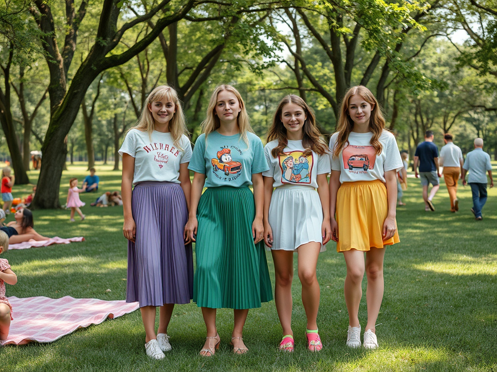 Quatre jeunes femmes souriantes en jupes colorées, se tenant sur une pelouse ensoleillée dans un parc.