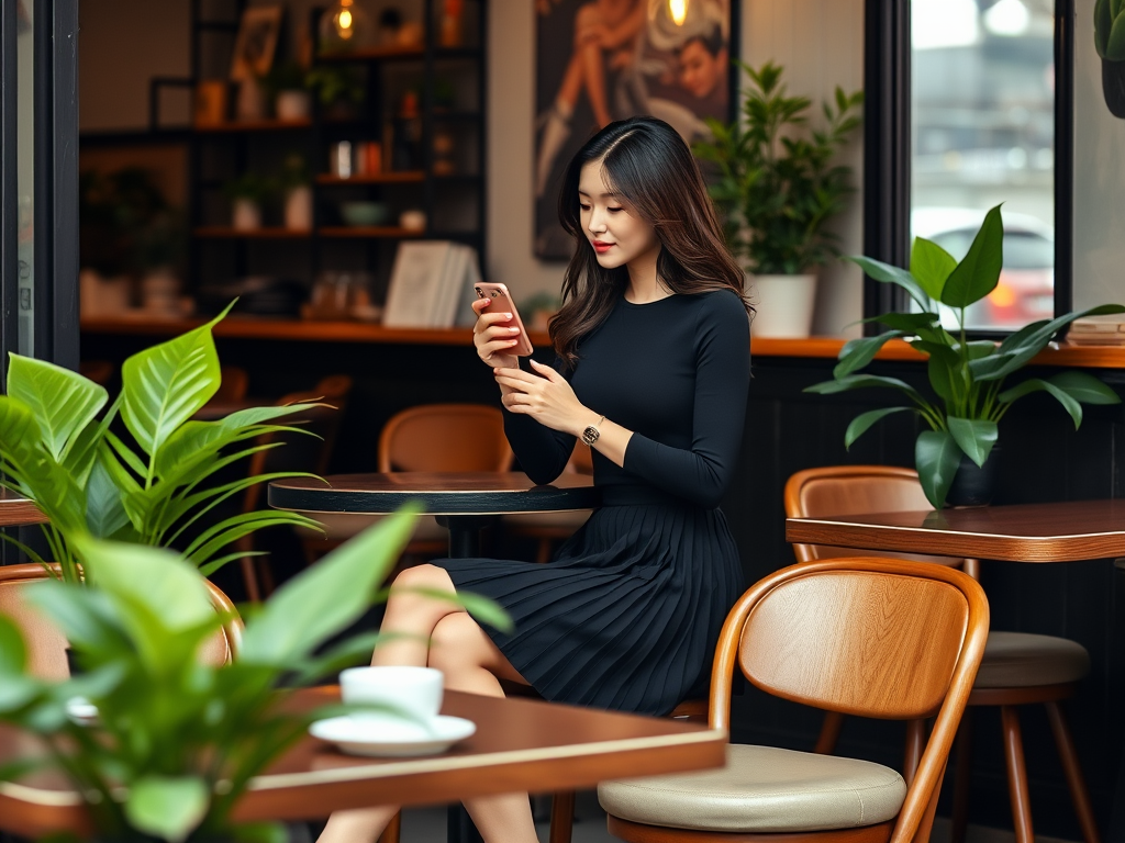 Une femme assise dans un café élégant, regardant son téléphone, entourée de plantes vertes.