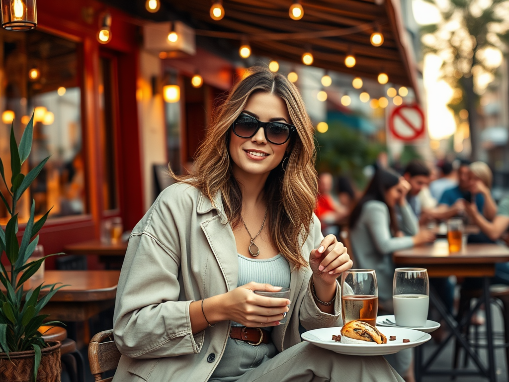 Une femme souriante porte des lunettes de soleil, dégustant une boisson et un dessert en terrasse.