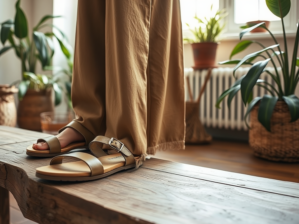 Une personne porte des sandales élégantes, debout sur une banc en bois, entourée de plantes d'intérieur.