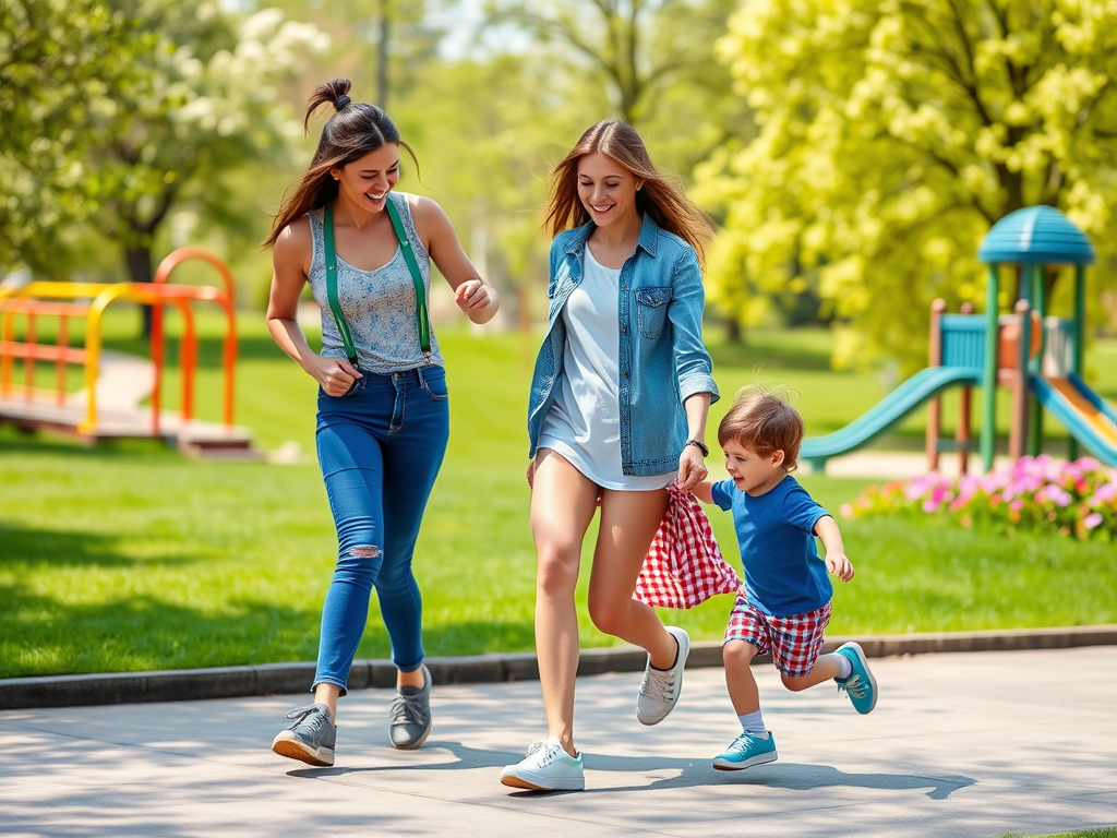 Deux femmes marchent joyeusement avec un jeune garçon dans un parc, sous un ciel ensoleillé.