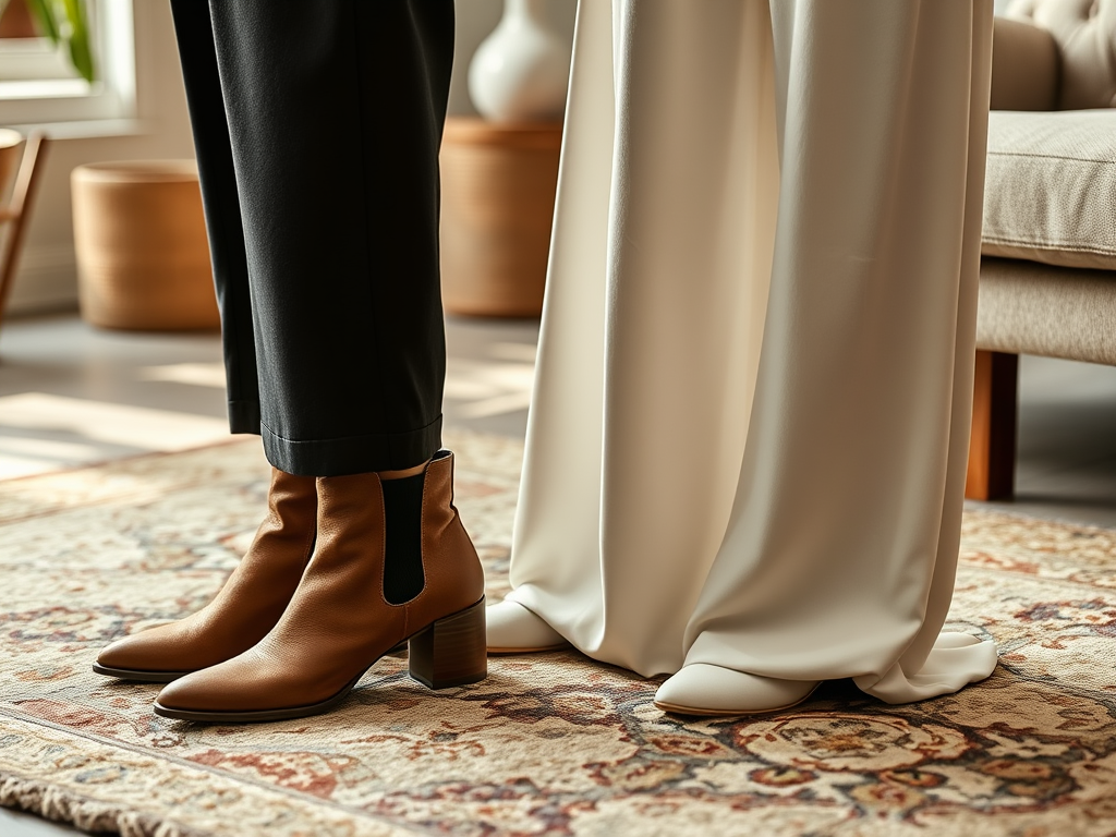 Deux personnes en chaussures élégantes, une en bottines brunes et l'autre en souliers blancs, sur un tapis.