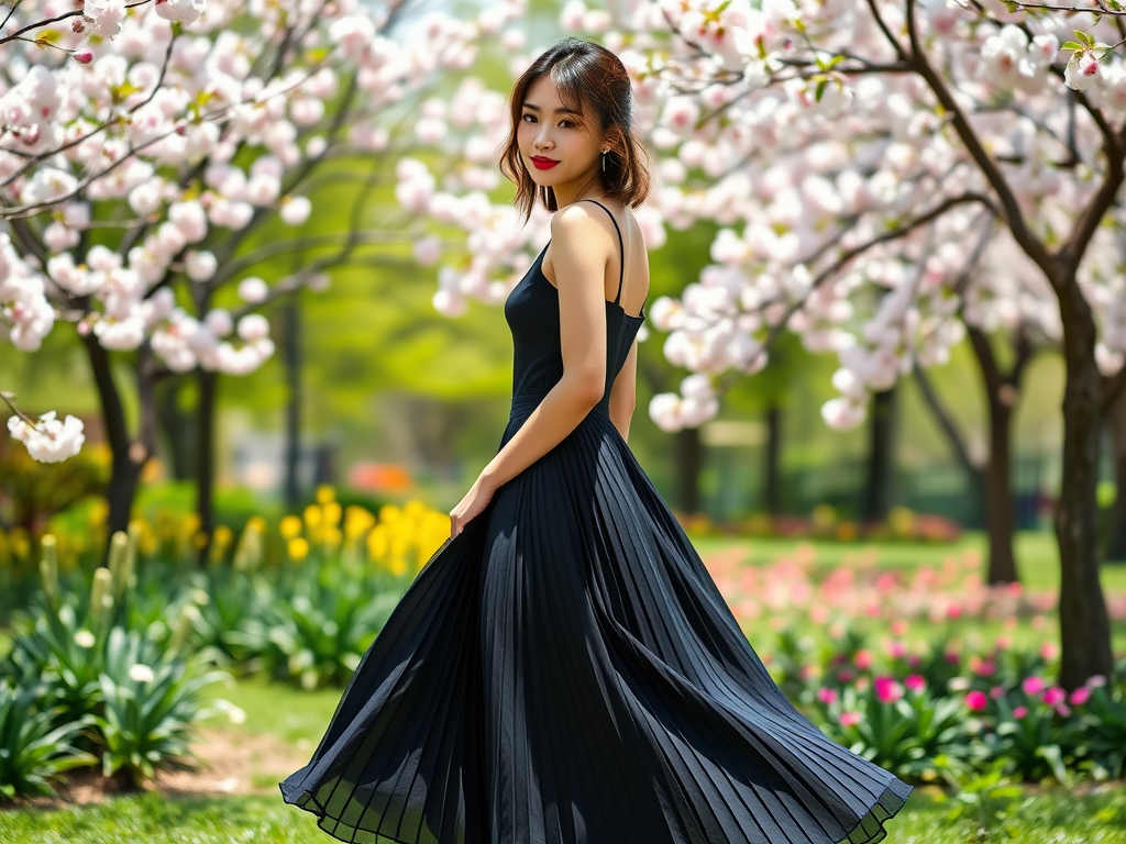 Une femme en robe noire tourne joyeusement au milieu des cerisiers en fleurs dans un jardin coloré.