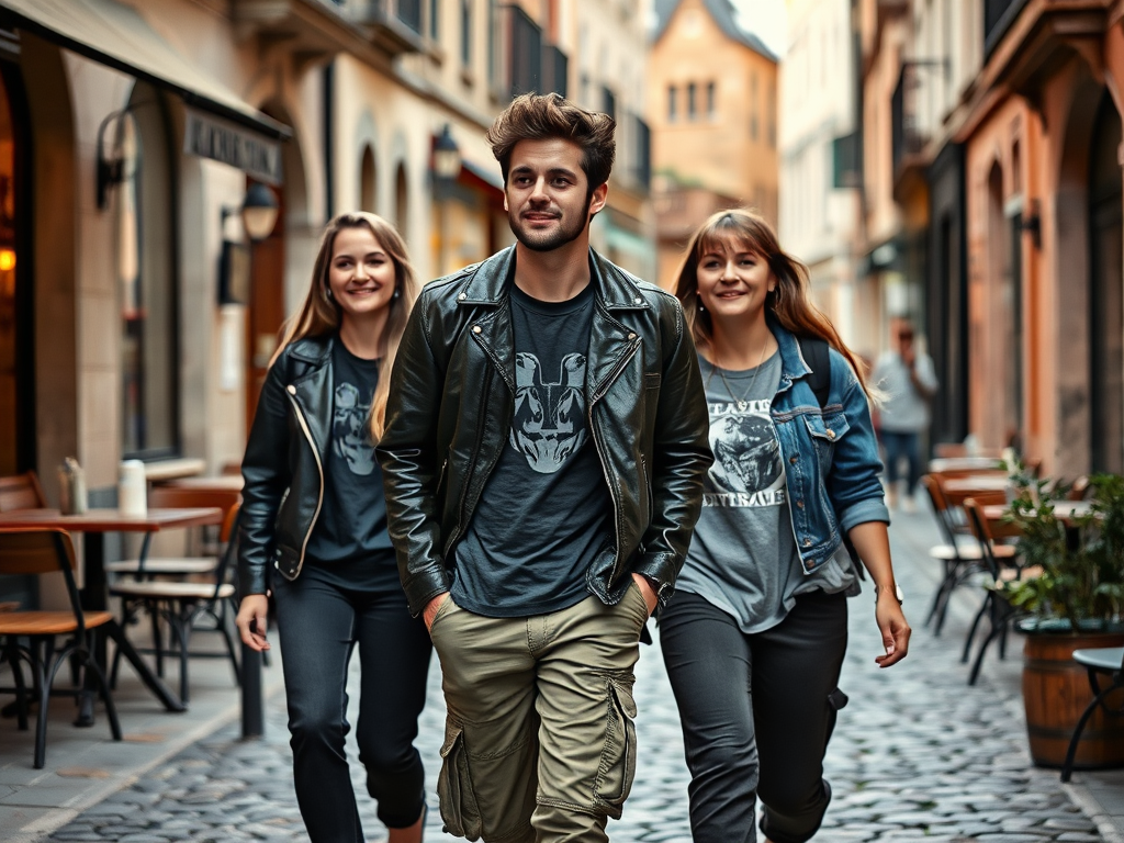 Trois amis marchent avec confiance dans une rue pavée étroite, portant des vestes en cuir et des t-shirts graphiques.