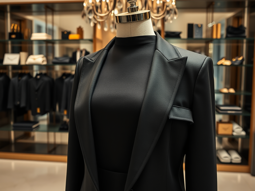 Un mannequin porte un costume noir dans une boutique élégante, avec des vêtements en arrière-plan.