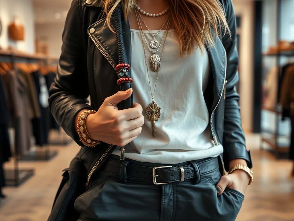 Une femme porte une veste en cuir et plusieurs colliers, dans une boutique élégante. Ambiance moderne et stylée.