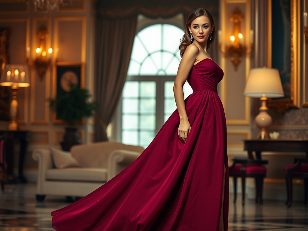 Une femme en robe rouge élégante posant dans un intérieur luxueux avec des chandeliers et des meubles raffinés.