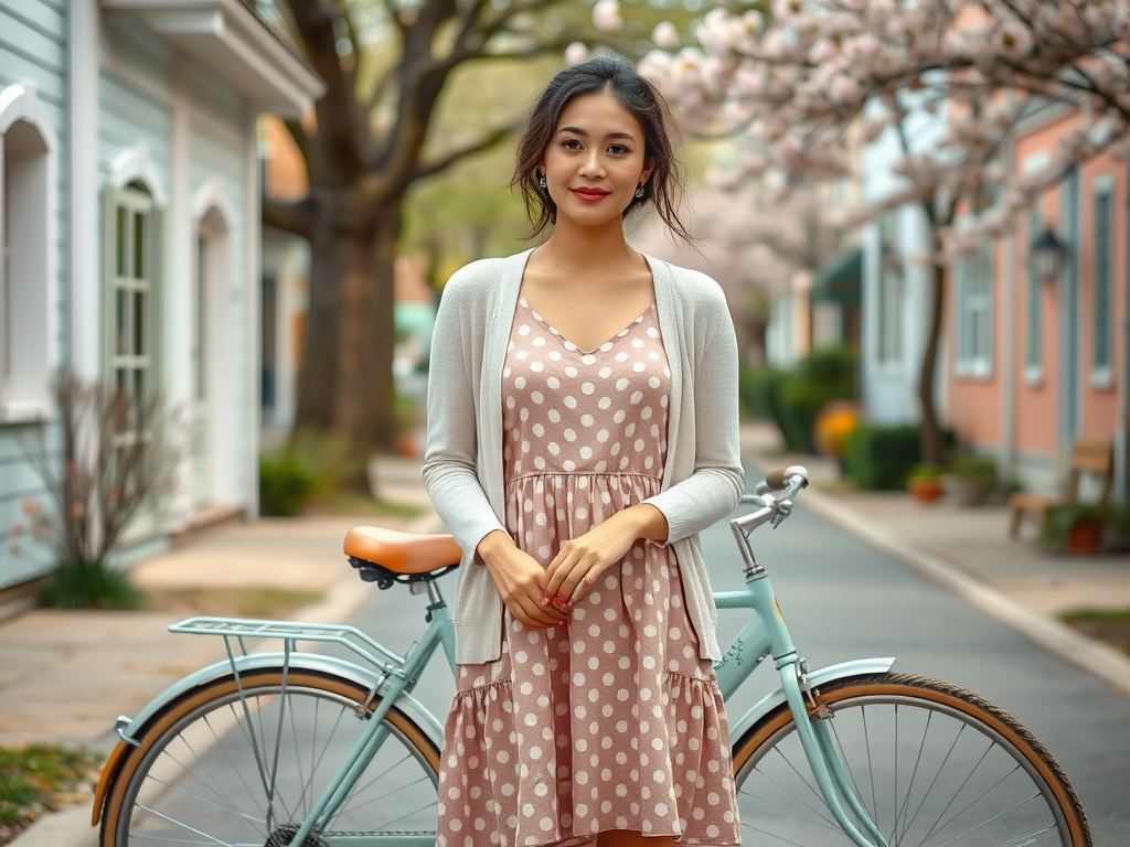 Une femme souriante en robe à pois se tient devant un vélo, avec des arbres en fleurs en arrière-plan.