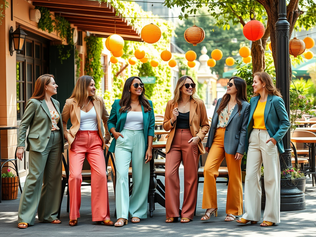 Un groupe de six femmes en costumes colorés sourient et passent un bon moment dans un café extérieur animé.