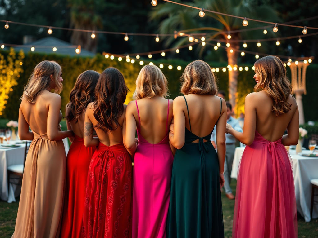 Cinq femmes élégantes aux robes colorées se tiennent debout, dos à la caméra, lors d'une soirée en plein air.
