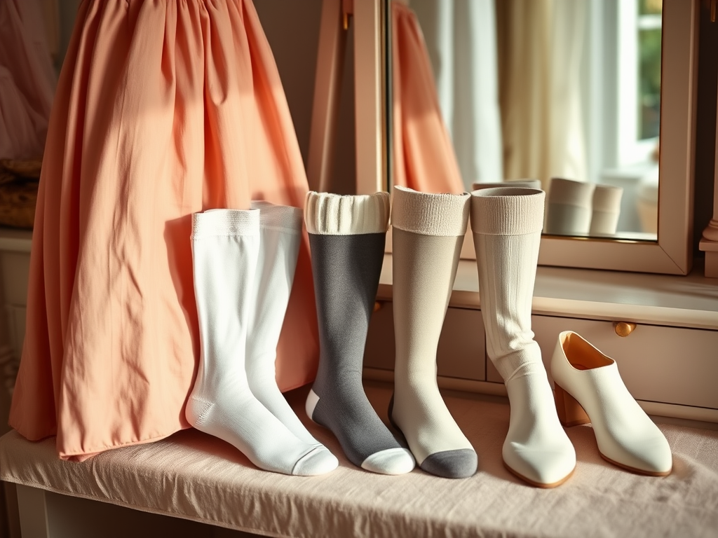 Une jupe rose et des chaussettes de différentes hauteurs et couleurs, accompagnées d'une chaussure à talon blanche.