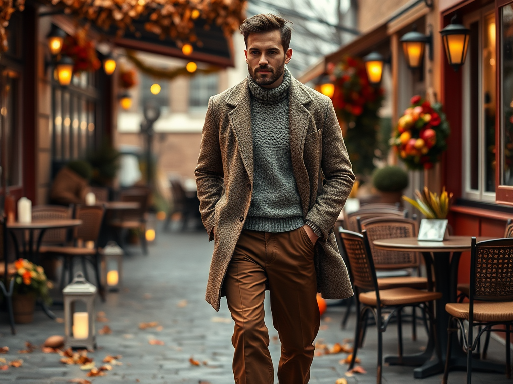 Un homme élégant marche dans une rue décorée, entouré de tables de café et de lumières d'ambiance.