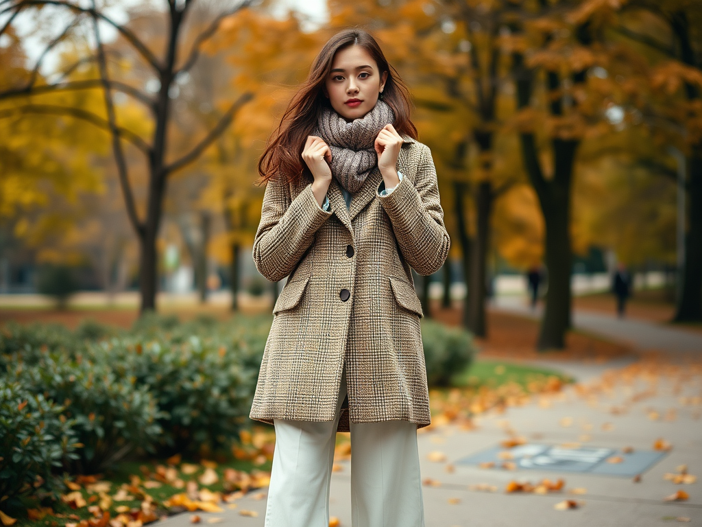 Une jeune femme en manteau beige se tient dans un parc aux feuilles d'automne, regardant l'objectif.