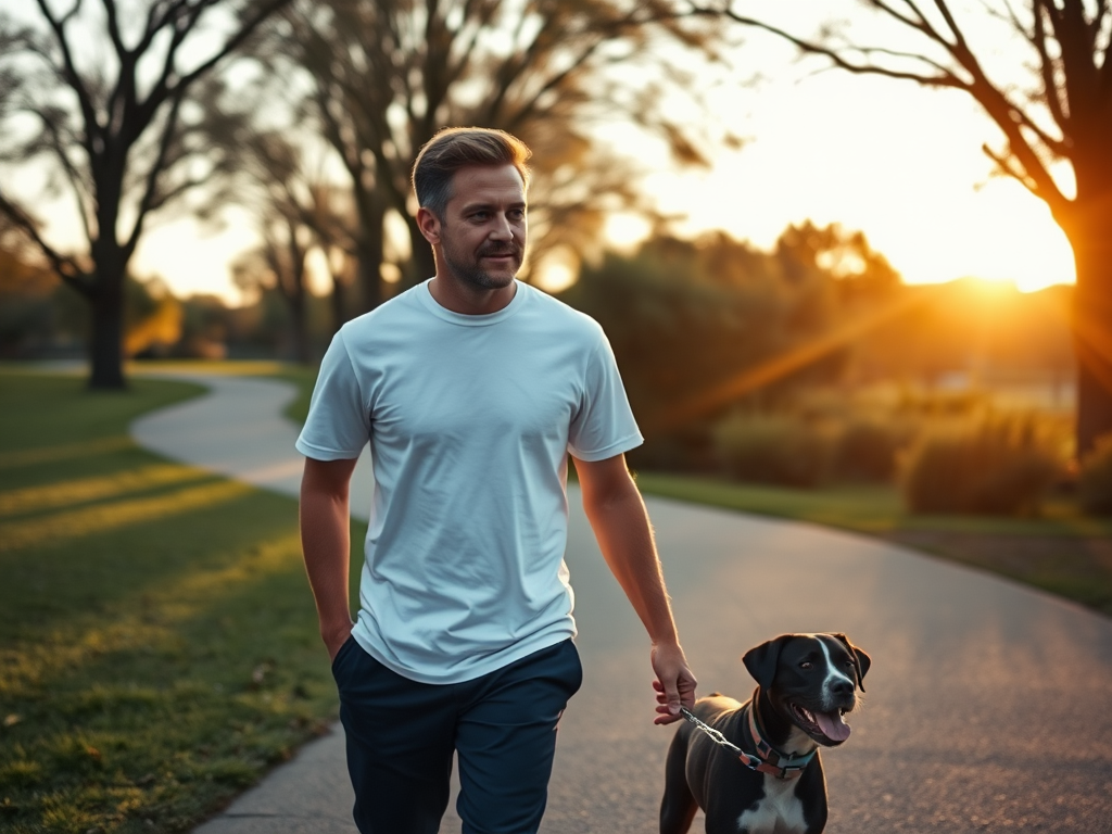 Un homme marche sur un chemin avec un chien au coucher du soleil, entouré d'arbres.