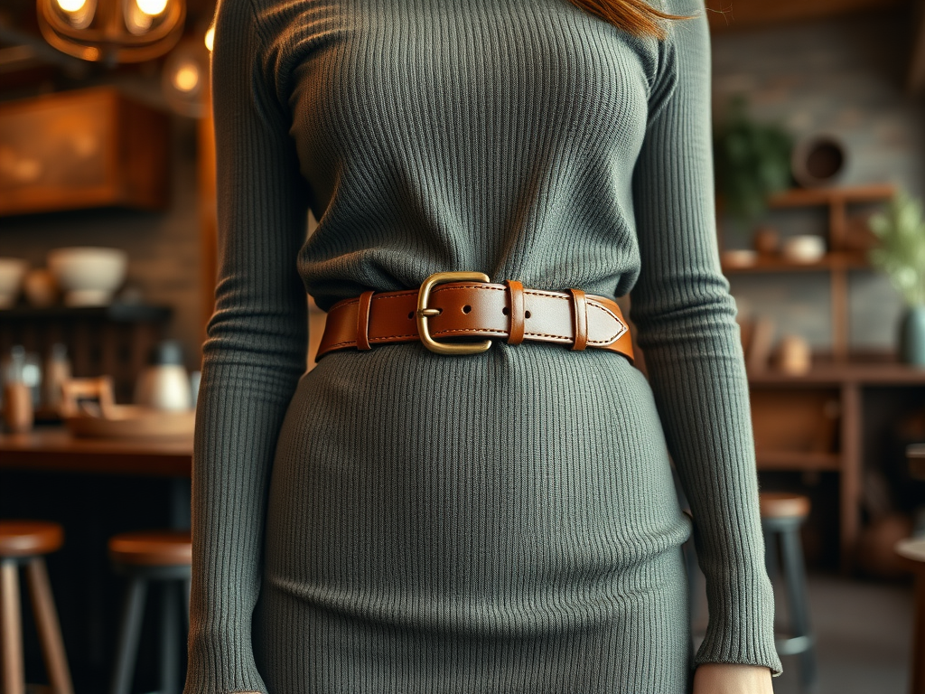 Femme portant un pull côtelé gris et une ceinture en cuir marron, dans un intérieur chaleureux et moderne.