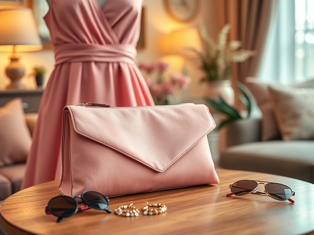 Un sac à main rose sur une table, avec des lunettes de soleil et des boucles d'oreilles, devant une robe rose.