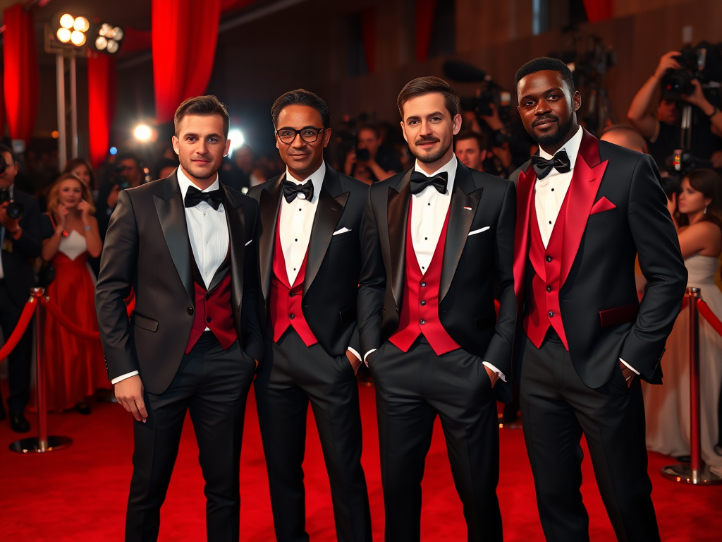 Quatre hommes en costume sur un tapis rouge, souriant, entourés de caméras et de spectateurs. Événement glamour.